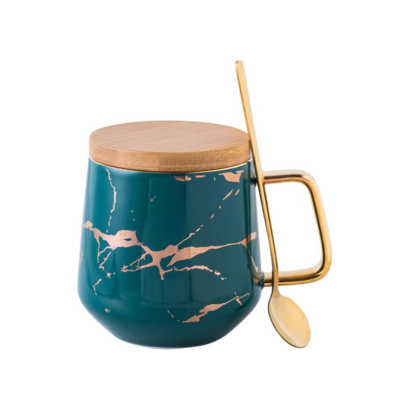 Eplze YBK Tech Porcelain Tea Cup Coffee Mug Set for Afternoon Tea - Marble Pattern (Green, Tall 400ml + wood lid) - Image 1